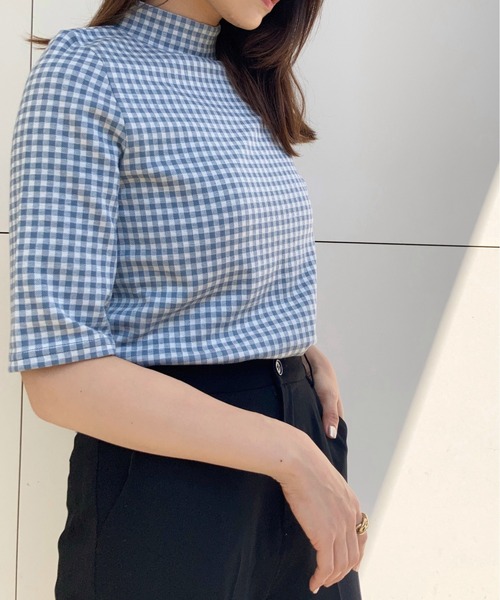 Brownie（ブラウニー）の「Brownie ギンガムチェック柄 五分袖 モックネックプルオーバー（Tシャツ/カットソー・レディース・ブラック/サックスブルー/ライトグリーン/ライトブラウン/イエロー・FREE）」の10枚目の写真
