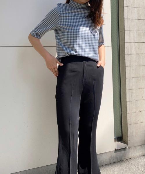 Brownie（ブラウニー）の「Brownie ギンガムチェック柄 五分袖 モックネックプルオーバー（Tシャツ/カットソー・レディース・ブラック/サックスブルー/ライトグリーン/ライトブラウン/イエロー・FREE）」の11枚目の写真