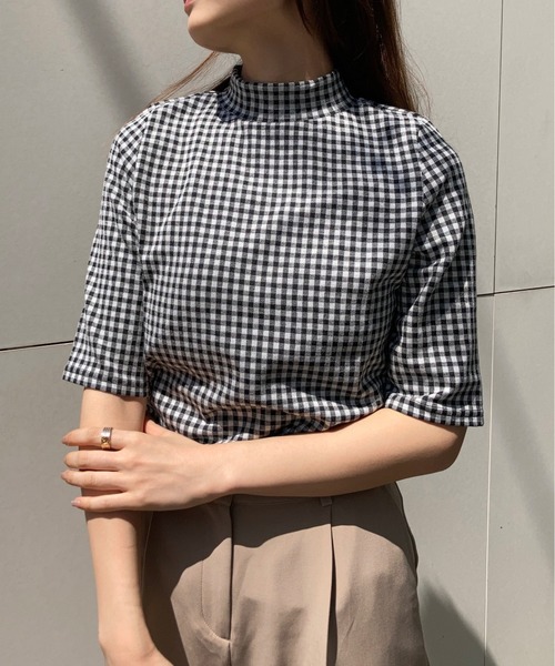 Brownie（ブラウニー）の「Brownie ギンガムチェック柄 五分袖 モックネックプルオーバー（Tシャツ/カットソー・レディース・ブラック/サックスブルー/ライトグリーン/ライトブラウン/イエロー・FREE）」の17枚目の写真