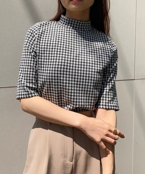 Brownie（ブラウニー）の「Brownie ギンガムチェック柄 五分袖 モックネックプルオーバー（Tシャツ/カットソー・レディース・ブラック/サックスブルー/ライトグリーン/ライトブラウン/イエロー・FREE）」の18枚目の写真