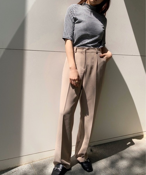 Brownie（ブラウニー）の「Brownie ギンガムチェック柄 五分袖 モックネックプルオーバー（Tシャツ/カットソー・レディース・ブラック/サックスブルー/ライトグリーン/ライトブラウン/イエロー・FREE）」の21枚目の写真