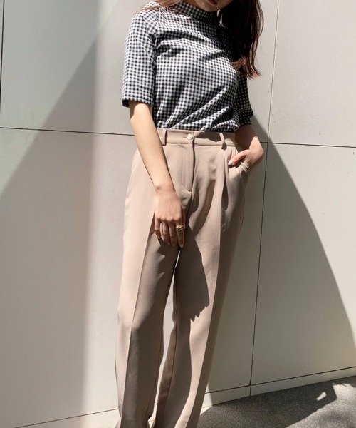 Brownie（ブラウニー）の「Brownie ギンガムチェック柄 五分袖 モックネックプルオーバー（Tシャツ/カットソー・レディース・ブラック/サックスブルー/ライトグリーン/ライトブラウン/イエロー・FREE）」の20枚目の写真