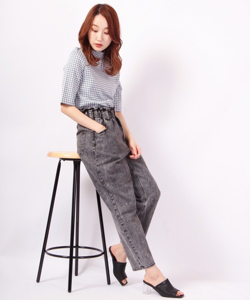 Brownie（ブラウニー）の「Brownie ギンガムチェック柄 五分袖 モックネックプルオーバー（Tシャツ/カットソー・レディース・ブラック/サックスブルー/ライトグリーン/ライトブラウン/イエロー・FREE）」の16枚目の写真