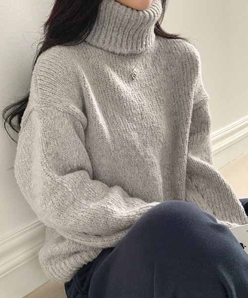 BEIDELLI（ベイデリー）の「[BELLIDE MADE] ルーズフィットリブタートルネックニット（ニット/セーター・レディース・グレー/ベージュ・FREE）」の12枚目の写真