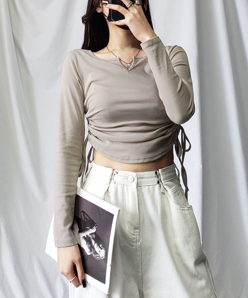 me+em select（ミームセレクト）の「【 ９color 】サイドシャーリングリボンショートデザインＴシャツ（Tシャツ/カットソー・レディース・チャコール/ホワイト/ピンク/ブラウン/グレー/ブラック/ブルー/ヘザーグレー/オートミール・FREE/LARGE）」の7枚目の写真