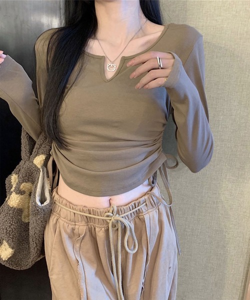 me+em select（ミームセレクト）の「【 ９color 】サイドシャーリングリボンショートデザインＴシャツ（Tシャツ/カットソー・レディース・チャコール/ホワイト/ピンク/ブラウン/グレー/ブラック/ブルー/ヘザーグレー/オートミール・FREE/LARGE）」の6枚目の写真