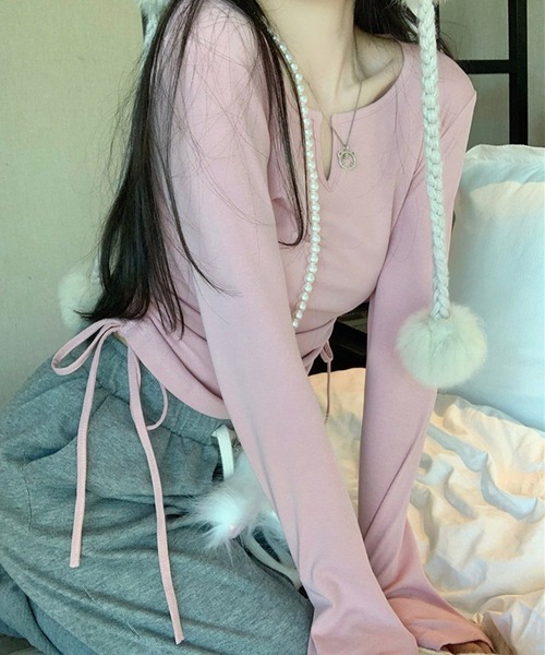 me+em select（ミームセレクト）の「【 ９color 】サイドシャーリングリボンショートデザインＴシャツ（Tシャツ/カットソー・レディース・チャコール/ホワイト/ピンク/ブラウン/グレー/ブラック/ブルー/ヘザーグレー/オートミール・FREE/LARGE）」の9枚目の写真