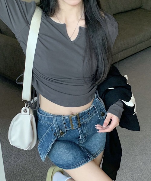 me+em select（ミームセレクト）の「【 ９color 】サイドシャーリングリボンショートデザインＴシャツ（Tシャツ/カットソー・レディース・チャコール/ホワイト/ピンク/ブラウン/グレー/ブラック/ブルー/ヘザーグレー/オートミール・FREE/LARGE）」の5枚目の写真