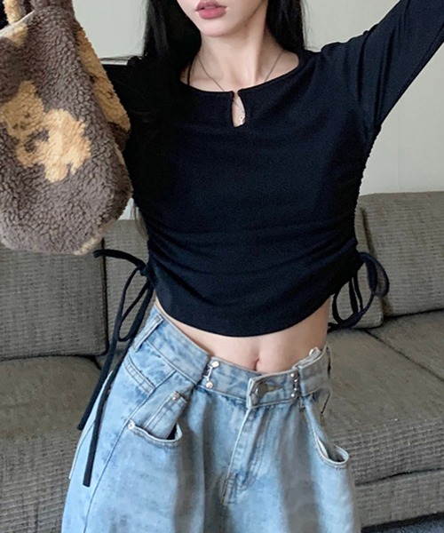 me+em select（ミームセレクト）の「【 ９color 】サイドシャーリングリボンショートデザインＴシャツ（Tシャツ/カットソー・レディース・チャコール/ホワイト/ピンク/ブラウン/グレー/ブラック/ブルー/ヘザーグレー/オートミール・FREE/LARGE）」の20枚目の写真