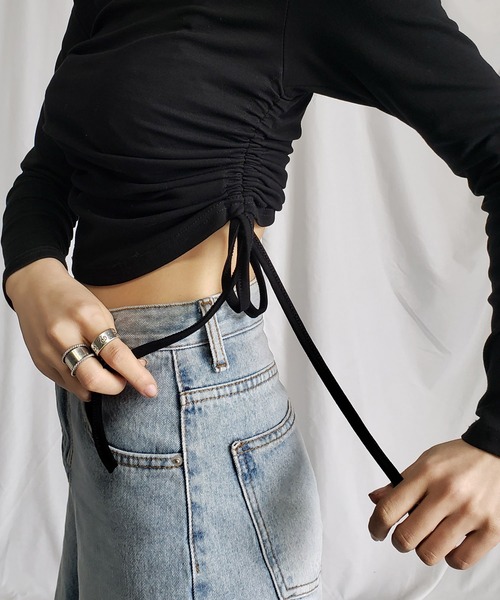 me+em select（ミームセレクト）の「【 ９color 】サイドシャーリングリボンショートデザインＴシャツ（Tシャツ/カットソー・レディース・チャコール/ホワイト/ピンク/ブラウン/グレー/ブラック/ブルー/ヘザーグレー/オートミール・FREE/LARGE）」の10枚目の写真