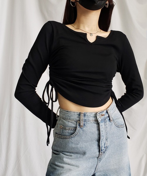 9color 】サイドシャーリングリボンショートデザインTシャツ