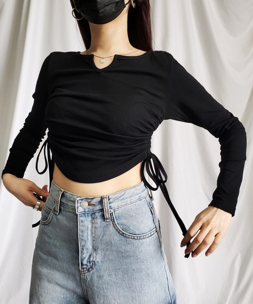 me+em select（ミームセレクト）の「【 ９color 】サイドシャーリングリボンショートデザインＴシャツ（Tシャツ/カットソー・レディース・チャコール/ホワイト/ピンク/ブラウン/グレー/ブラック/ブルー/ヘザーグレー/オートミール・FREE/LARGE）」の12枚目の写真