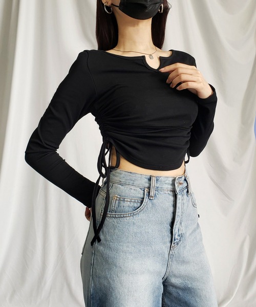 me+em select（ミームセレクト）の「【 ９color 】サイドシャーリングリボンショートデザインＴシャツ（Tシャツ/カットソー・レディース・チャコール/ホワイト/ピンク/ブラウン/グレー/ブラック/ブルー/ヘザーグレー/オートミール・FREE/LARGE）」の13枚目の写真