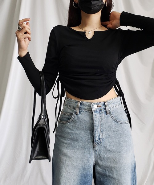 me+em select（ミームセレクト）の「【 ９color 】サイドシャーリングリボンショートデザインＴシャツ（Tシャツ/カットソー・レディース・チャコール/ホワイト/ピンク/ブラウン/グレー/ブラック/ブルー/ヘザーグレー/オートミール・FREE/LARGE）」の14枚目の写真