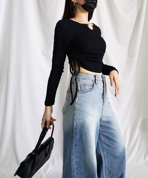 me+em select（ミームセレクト）の「【 ９color 】サイドシャーリングリボンショートデザインＴシャツ（Tシャツ/カットソー・レディース・チャコール/ホワイト/ピンク/ブラウン/グレー/ブラック/ブルー/ヘザーグレー/オートミール・FREE/LARGE）」の15枚目の写真