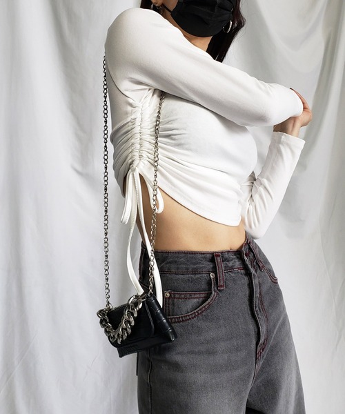 me+em select（ミームセレクト）の「【 ９color 】サイドシャーリングリボンショートデザインＴシャツ（Tシャツ/カットソー・レディース・チャコール/ホワイト/ピンク/ブラウン/グレー/ブラック/ブルー/ヘザーグレー/オートミール・FREE/LARGE）」の16枚目の写真