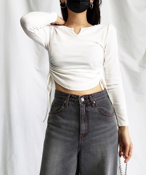 me+em select（ミームセレクト）の「【 ９color 】サイドシャーリングリボンショートデザインＴシャツ（Tシャツ/カットソー・レディース・チャコール/ホワイト/ピンク/ブラウン/グレー/ブラック/ブルー/ヘザーグレー/オートミール・FREE/LARGE）」の17枚目の写真