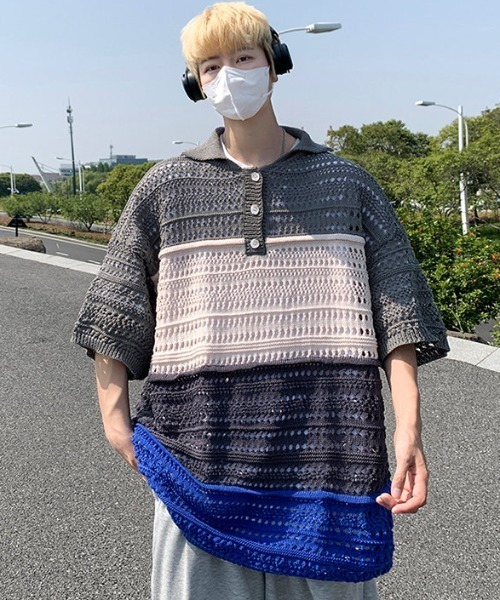 MGV(エムジーヴィー)の「透かし編みハーフスリーブポロ(ポロシャツ・メンズ・レッド/ブルー・LARGE/X-LARGE/MEDIUM)」の3枚目の写真