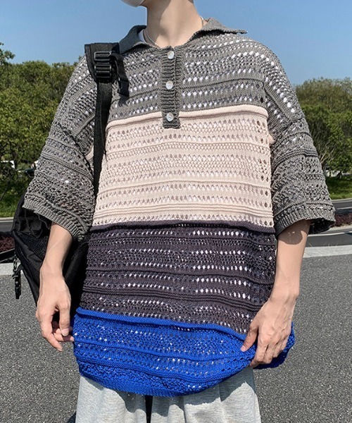 MGV(エムジーヴィー)の「透かし編みハーフスリーブポロ(ポロシャツ・メンズ・レッド/ブルー・LARGE/X-LARGE/MEDIUM)」の6枚目の写真