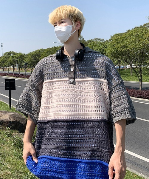 MGV(エムジーヴィー)の「透かし編みハーフスリーブポロ(ポロシャツ・メンズ・レッド/ブルー・LARGE/X-LARGE/MEDIUM)」の7枚目の写真