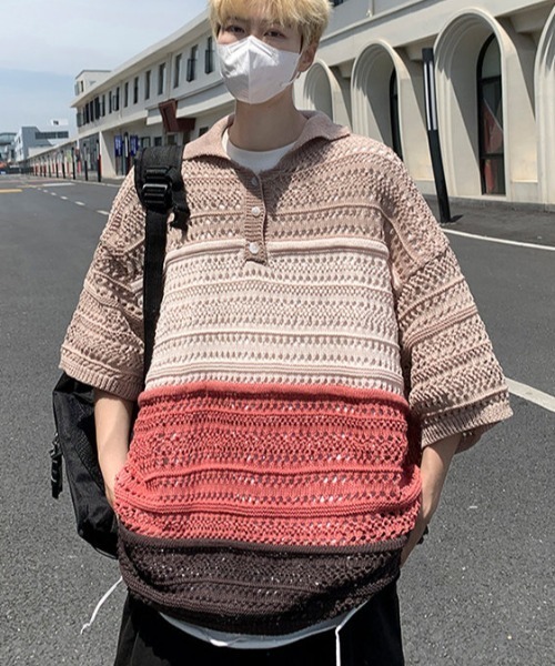MGV(エムジーヴィー)の「透かし編みハーフスリーブポロ(ポロシャツ・メンズ・レッド/ブルー・LARGE/X-LARGE/MEDIUM)」の11枚目の写真