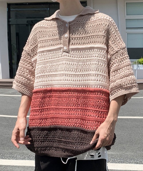 MGV(エムジーヴィー)の「透かし編みハーフスリーブポロ(ポロシャツ・メンズ・レッド/ブルー・LARGE/X-LARGE/MEDIUM)」の13枚目の写真