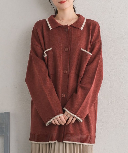 RETRO GIRL（レトロガール）の「襟付きBIGカーデ（ニット/セーター・レディース・バーガンディー/ブラック/ナチュラル・FREE）」の3枚目の写真