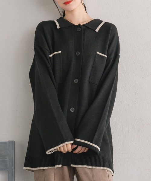 RETRO GIRL（レトロガール）の「襟付きBIGカーデ（ニット/セーター・レディース・バーガンディー/ブラック/ナチュラル・FREE）」の2枚目の写真