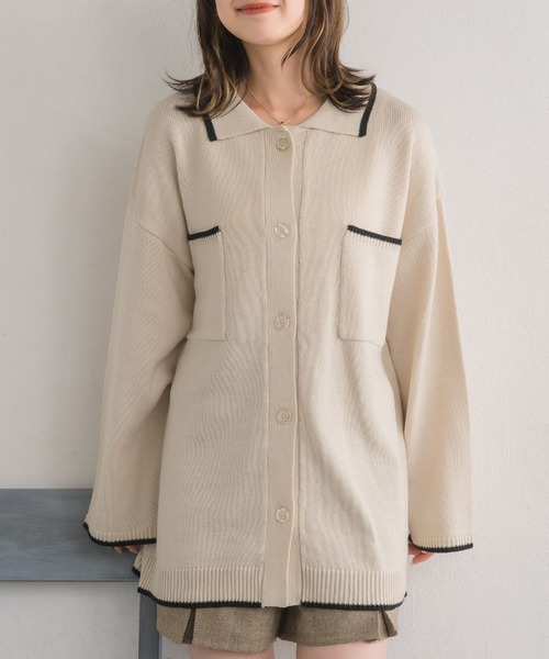 RETRO GIRL（レトロガール）の「襟付きBIGカーデ（ニット/セーター・レディース・バーガンディー/ブラック/ナチュラル・FREE）」の4枚目の写真