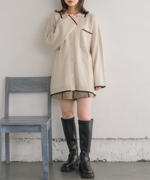 RETRO GIRL（レトロガール）の「襟付きBIGカーデ（ニット/セーター・レディース・バーガンディー/ブラック/ナチュラル・FREE）」の8枚目の写真