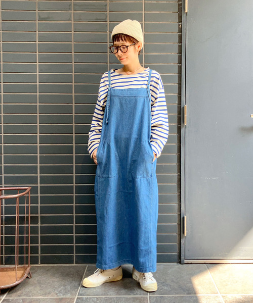 mocoa's 美ラインdenimサロペットスカート(ブルー・インディゴブルー) DEEP BLUE（ディープブルー） カーゴロングスカート ワンウォッシュ