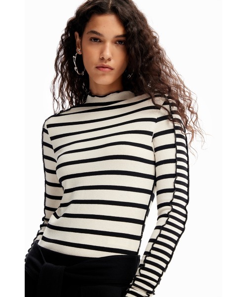 デシグアル Desigual パッチワーク ストライプTシャツ （ホワイト） デシグアル Desigual パッチワーク ストライプTシャツ