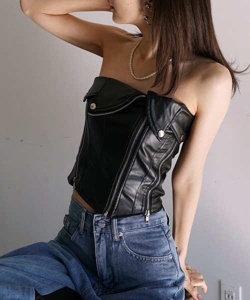 Mela（メラ）の「ライダースベアトップ（チューブトップ・レディース・ホワイト/ブラック・L/M/S/XS）」の4枚目の写真