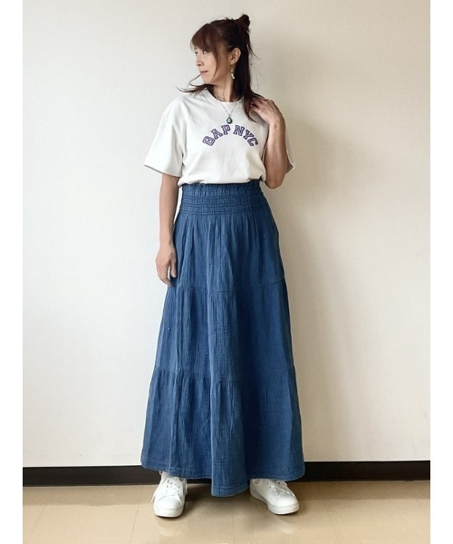 セール】クリンクルガーゼ デニム マキシスカート（スカート