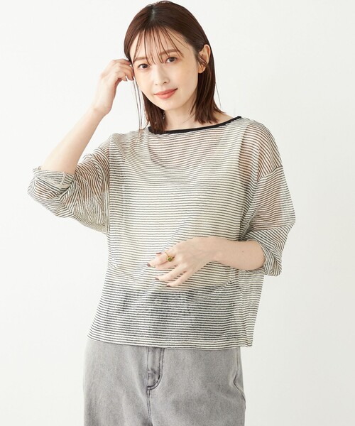 SHIPS Colors(シップス カラーズ)の「SHIPS Colors:〈洗濯機可能〉シアー ボーダー ドルマン トップス◇(Tシャツ/カットソー・レディース・ナチュラル/ブラック・ONE SIZE)」の15枚目の写真