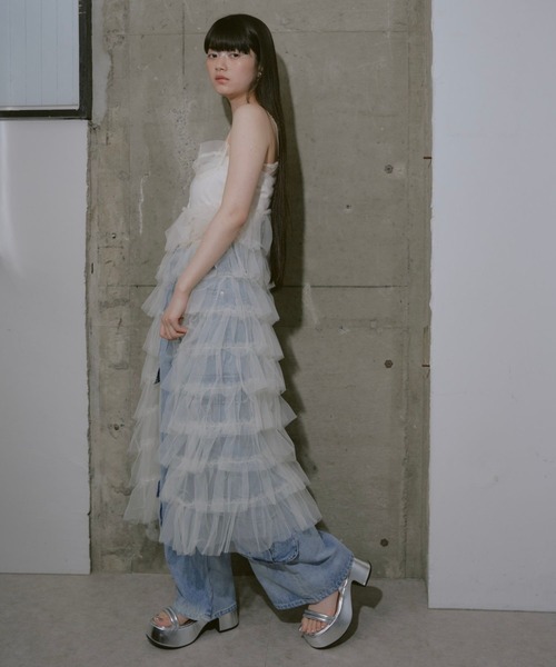 RAY CASSIN（レイカズン）の「【WEB限定/新色追加/調整可】チュールキャミワンピース（ワンピース・レディース・ベージュ/ブルー/ブラック/ホワイト/カーキ/グレー・FREE）」の21枚目の写真