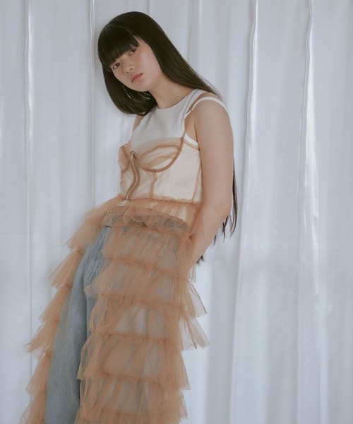 RAY CASSIN（レイカズン）の「【WEB限定/新色追加/調整可】チュールキャミワンピース（ワンピース・レディース・ベージュ/ブルー/ブラック/ホワイト/カーキ/グレー・FREE）」の10枚目の写真