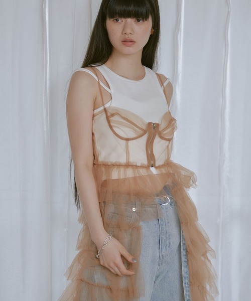 RAY CASSIN（レイカズン）の「【WEB限定/新色追加/調整可】チュールキャミワンピース（ワンピース・レディース・ベージュ/ブルー/ブラック/ホワイト/カーキ/グレー・FREE）」の12枚目の写真