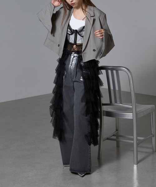 RAY CASSIN（レイカズン）の「【WEB限定/新色追加/調整可】チュールキャミワンピース（ワンピース・レディース・ベージュ/ブルー/ブラック/ホワイト/カーキ/グレー・FREE）」の7枚目の写真