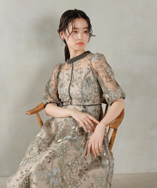 シック フラワー刺繍 パーティー ドレス 結婚式 お呼ばれ