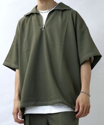 oversize half zip stitching shirt/オーバーサイズ ハーフジップ ステッチング シャツ/ストレッチ 半袖シャツ