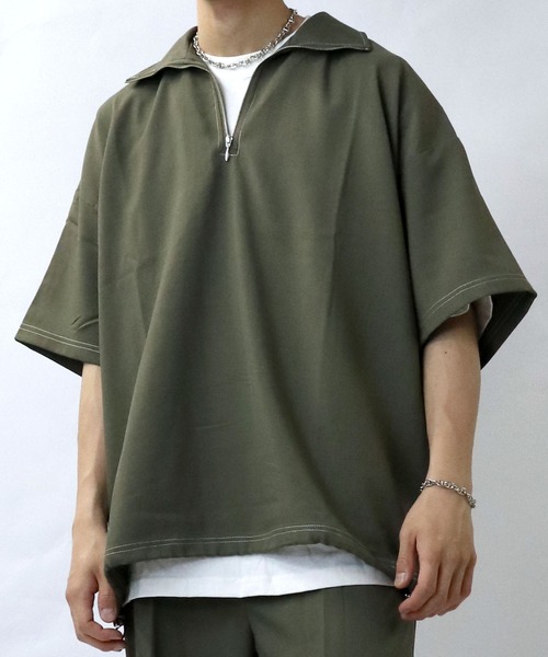 Starting Over（スターティングオーバー）の「oversize half zip stitching shirt/オーバーサイズ ハーフジップ ステッチング シャツ/ストレッチ 半袖シャツ（シャツ/ブラウス・メンズ・チャコール/カーキ/ブラック・XL/L/M）」の3枚目の写真