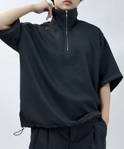 Starting Over（スターティングオーバー）の「oversize half zip stitching shirt/オーバーサイズ ハーフジップ ステッチング シャツ/ストレッチ 半袖シャツ（シャツ/ブラウス・メンズ・チャコール/カーキ/ブラック・XL/L/M）」の2枚目の写真