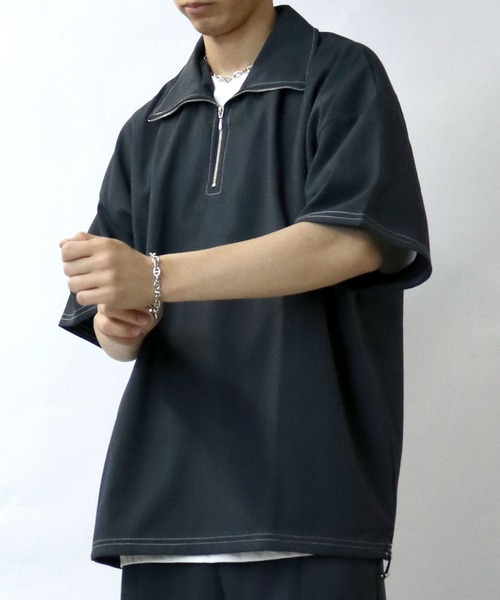 Starting Over（スターティングオーバー）の「oversize half zip stitching shirt/オーバーサイズ ハーフジップ ステッチング シャツ/ストレッチ 半袖シャツ（シャツ/ブラウス・メンズ・チャコール/カーキ/ブラック・XL/L/M）」の14枚目の写真