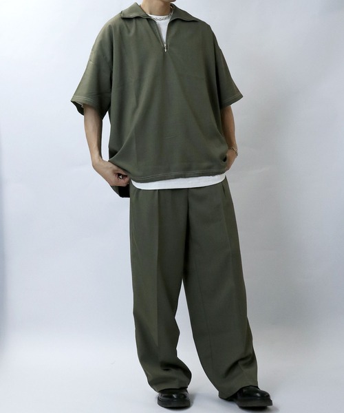 Starting Over（スターティングオーバー）の「oversize half zip stitching shirt/オーバーサイズ ハーフジップ ステッチング シャツ/ストレッチ 半袖シャツ（シャツ/ブラウス・メンズ・チャコール/カーキ/ブラック・XL/L/M）」の19枚目の写真