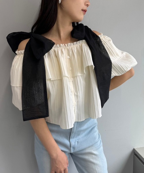one after another NICE CLAUP(ワンアフターアナザーナイスクラップ)の「肩リボンブラウス(シャツ/ブラウス・レディース・チャコールグレー/ピンク/アイボリー/ホワイト×ブラック・FREE)」の20枚目の写真