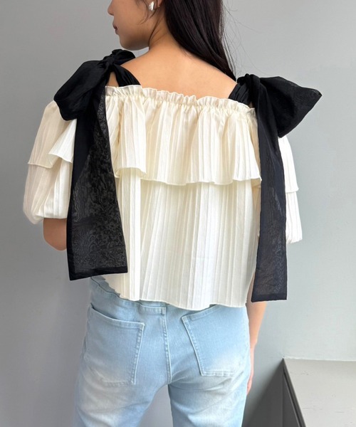 one after another NICE CLAUP(ワンアフターアナザーナイスクラップ)の「肩リボンブラウス(シャツ/ブラウス・レディース・チャコールグレー/ピンク/アイボリー/ホワイト×ブラック・FREE)」の21枚目の写真