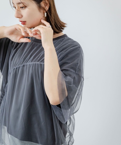 rectangle(レクタングル)の「チュールレイヤードTシャツ(Tシャツ/カットソー・レディース・サックスブルー系/ブラック系/ピンク系・FREE)」の6枚目の写真