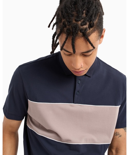 BIG XL ARMANI EXCHANGE ロゴ総柄 半袖ポロシャツ紺/白 A|X アルマーニ エクスチェンジ】AXロゴ ストライプドリブ 半袖