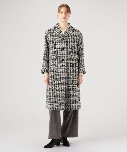 セール】ファンシーハウンドトゥース ロングコート（チェスターコート